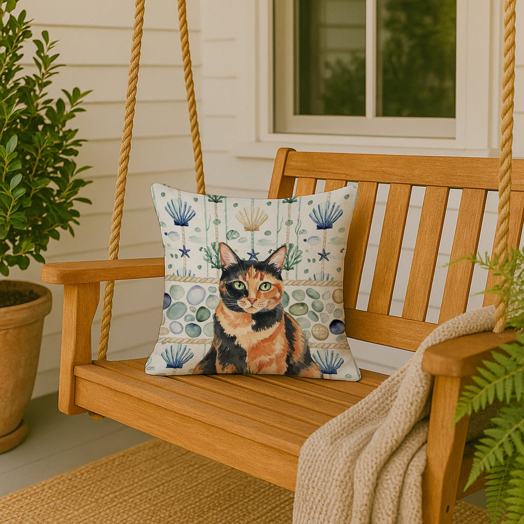 Tortoiseshell Cat Coastal Sea Glass Decorative Throw Pillow 18x18 Indoor Outdoor Accent Cushion, Fabric Cover with Insert for Sofa, Bed, Porch & Living Room