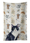 Black and White Tuxedo Cat Coffee Time Kitchen Towel Velour Plush Front and Cotton Loop Back Machine Washable