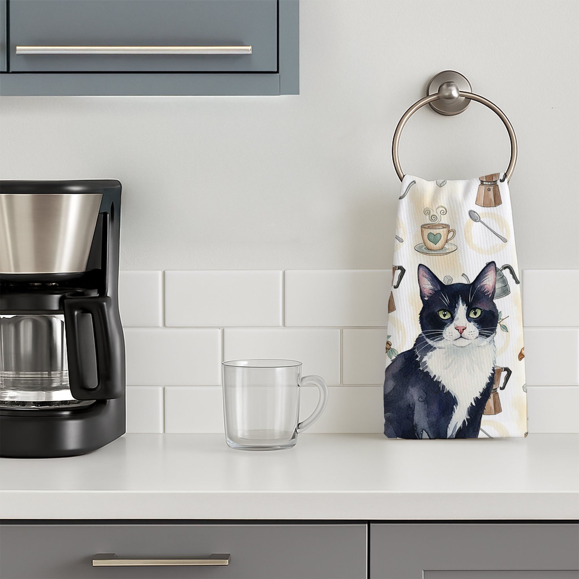 Black and White Tuxedo Cat Coffee Time Kitchen Towel Velour Plush Front and Cotton Loop Back Machine Washable