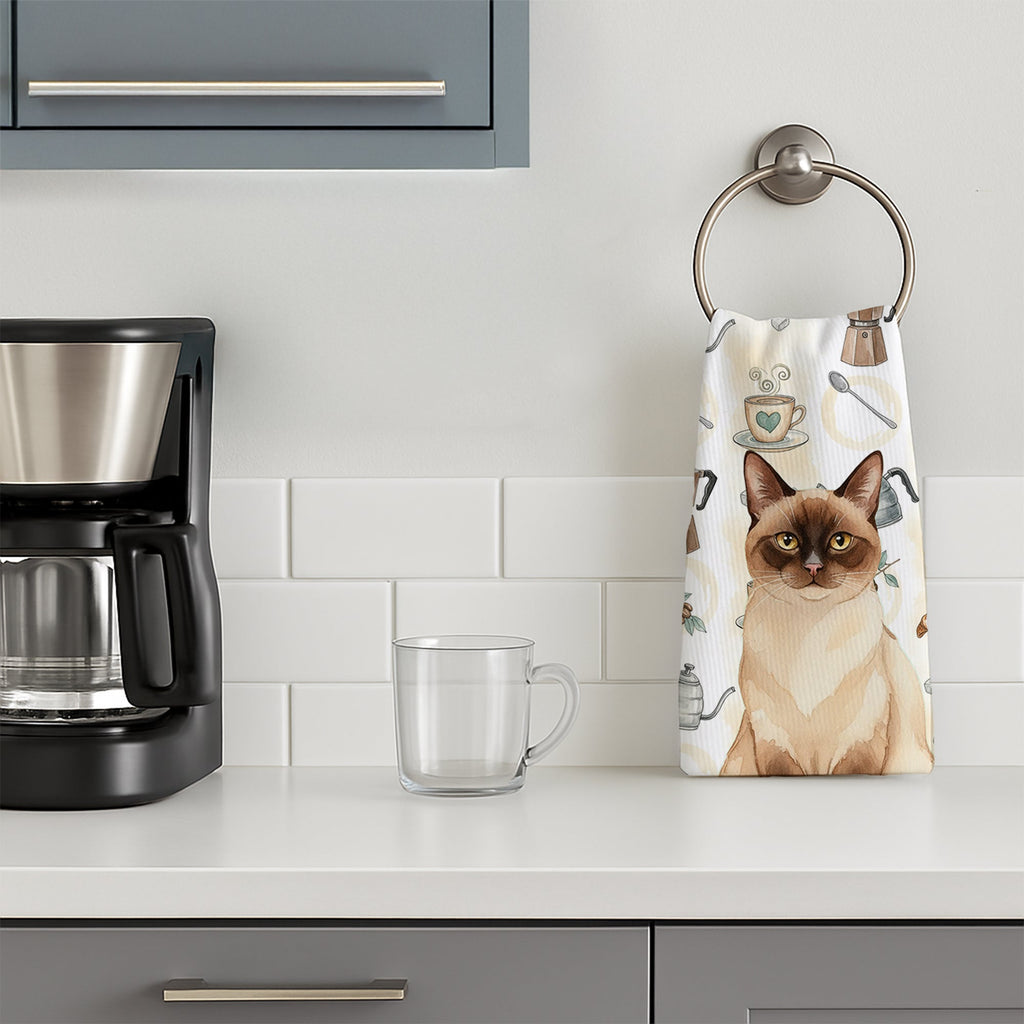 Chocolate Point Cat Coffee Time Kitchen Towel Velour Plush Front and Cotton Loop Back Machine Washable