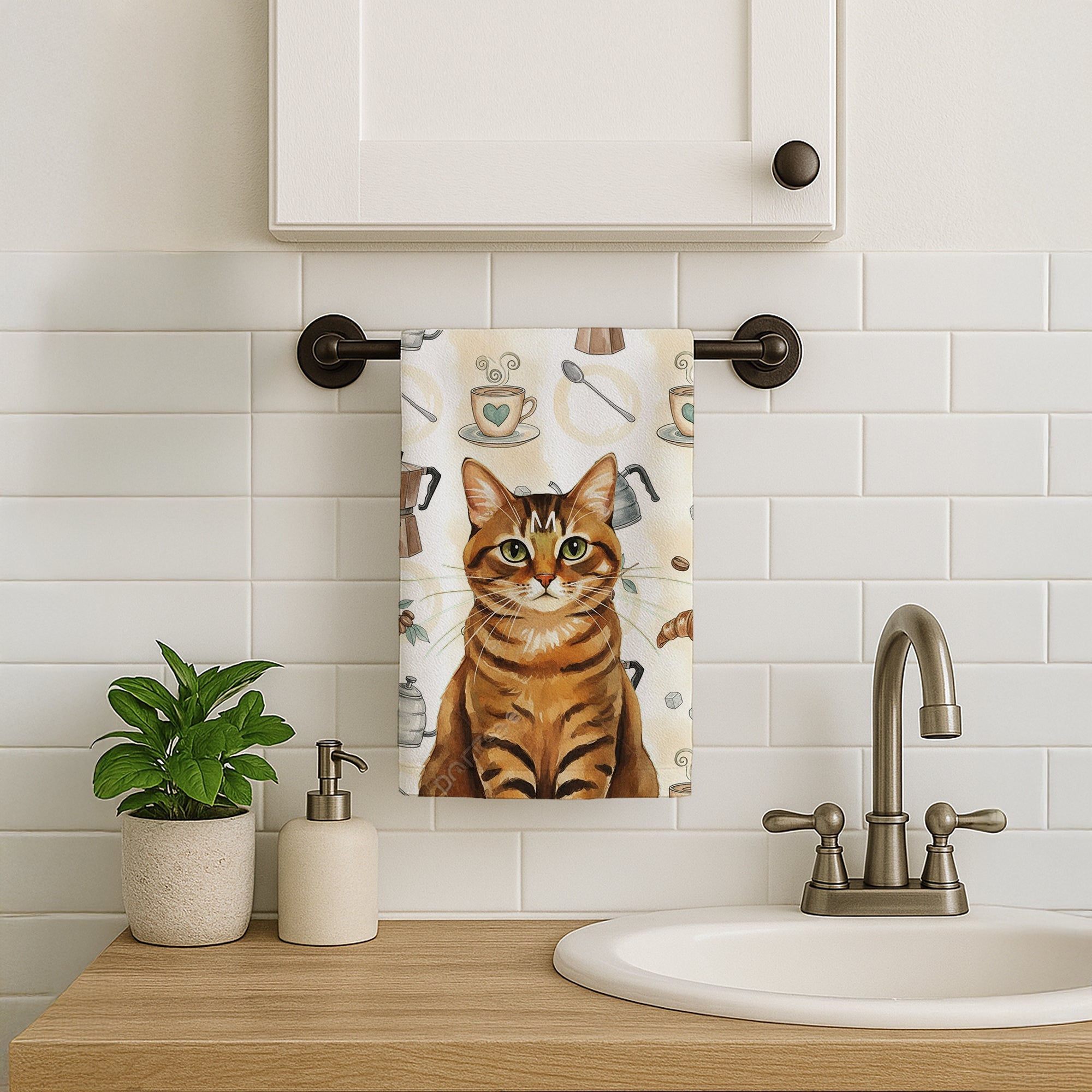 Classic Tabby Brown Cat Coffee Time Kitchen Towel Velour Plush Front and Cotton Loop Back Machine Washable