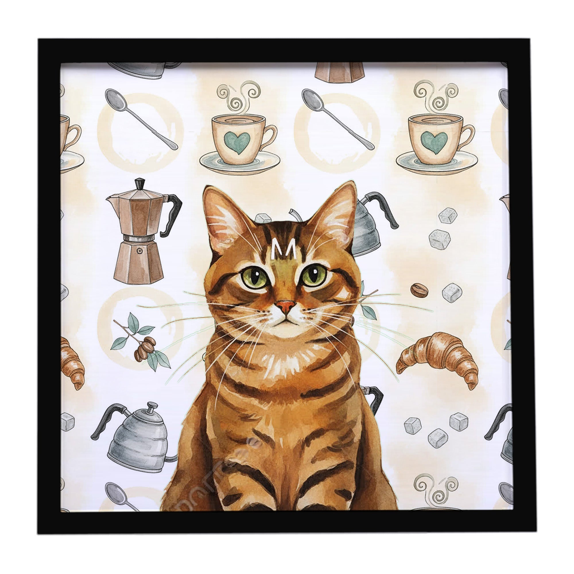 Classic Tabby Brown Cat Coffee Time Framed Metal Print Bathroom, Kitchen, Office, Home Decor Wall Art Ready to Hang, Square, 8X8