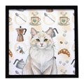 Cream and White Cat Coffee Time Framed Metal Print Bathroom, Kitchen, Office, Home Decor Wall Art Ready to Hang, Square, 8X8