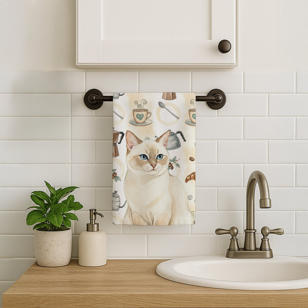 Cream Point Cat Coffee Time Kitchen Towel Velour Plush Front and Cotton Loop Back Machine Washable