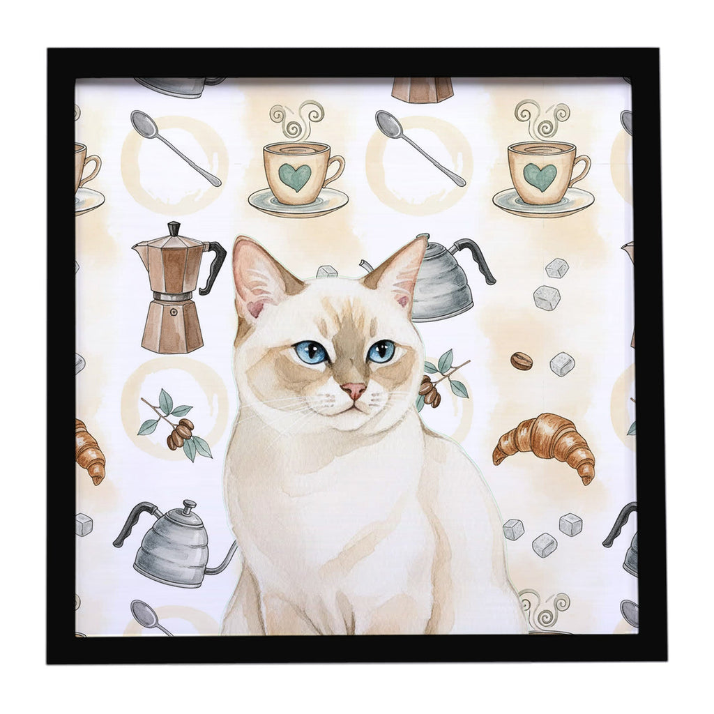 Cream Point Cat Coffee Time Framed Metal Print Bathroom, Kitchen, Office, Home Decor Wall Art Ready to Hang, Square, 8X8