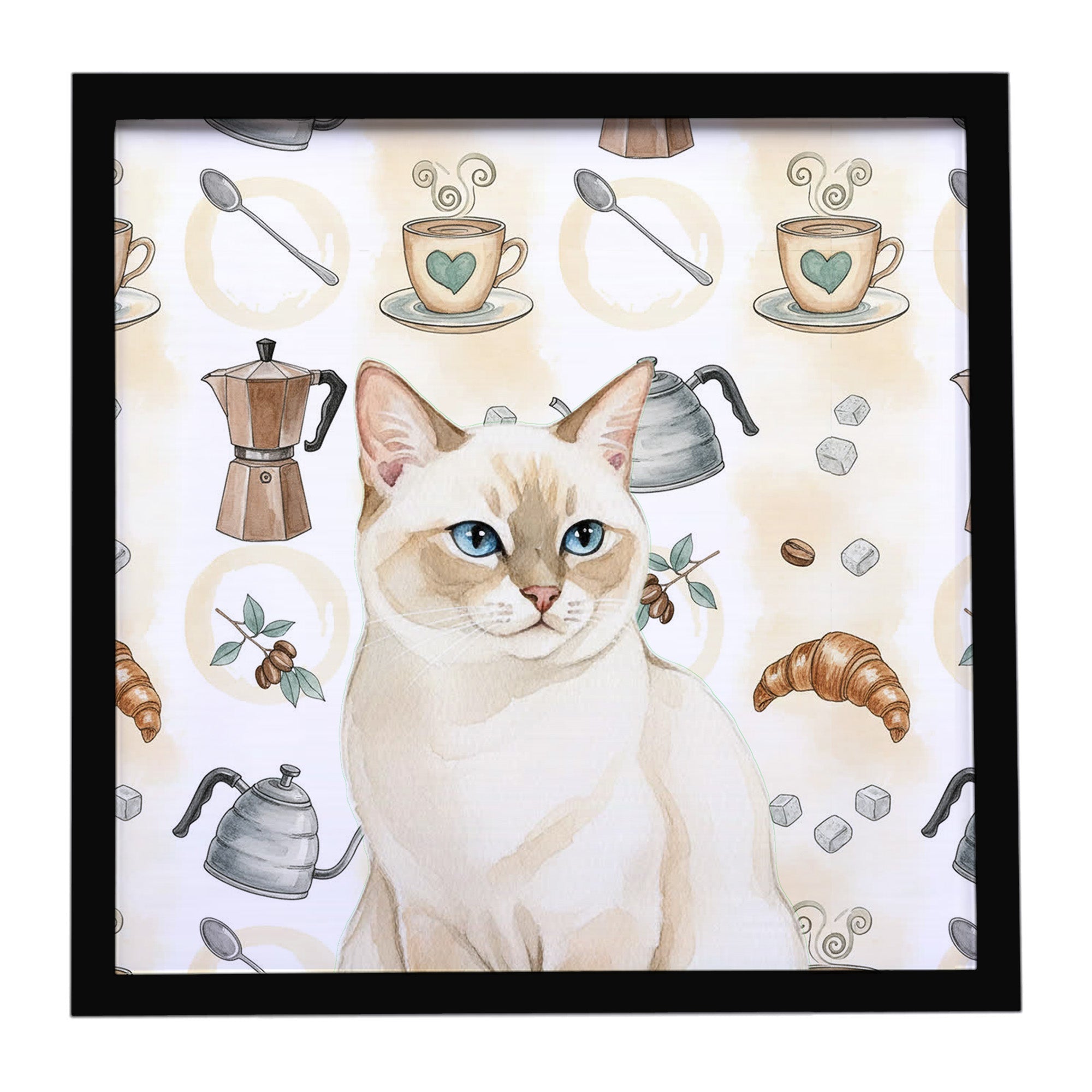 Cream Point Cat Coffee Time Framed Metal Print Bathroom, Kitchen, Office, Home Decor Wall Art Ready to Hang, Square, 8X8