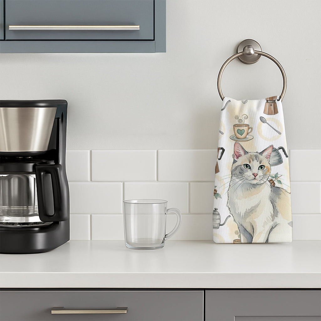 Dilute Calico Cat Coffee Time Kitchen Towel Velour Plush Front and Cotton Loop Back Machine Washable
