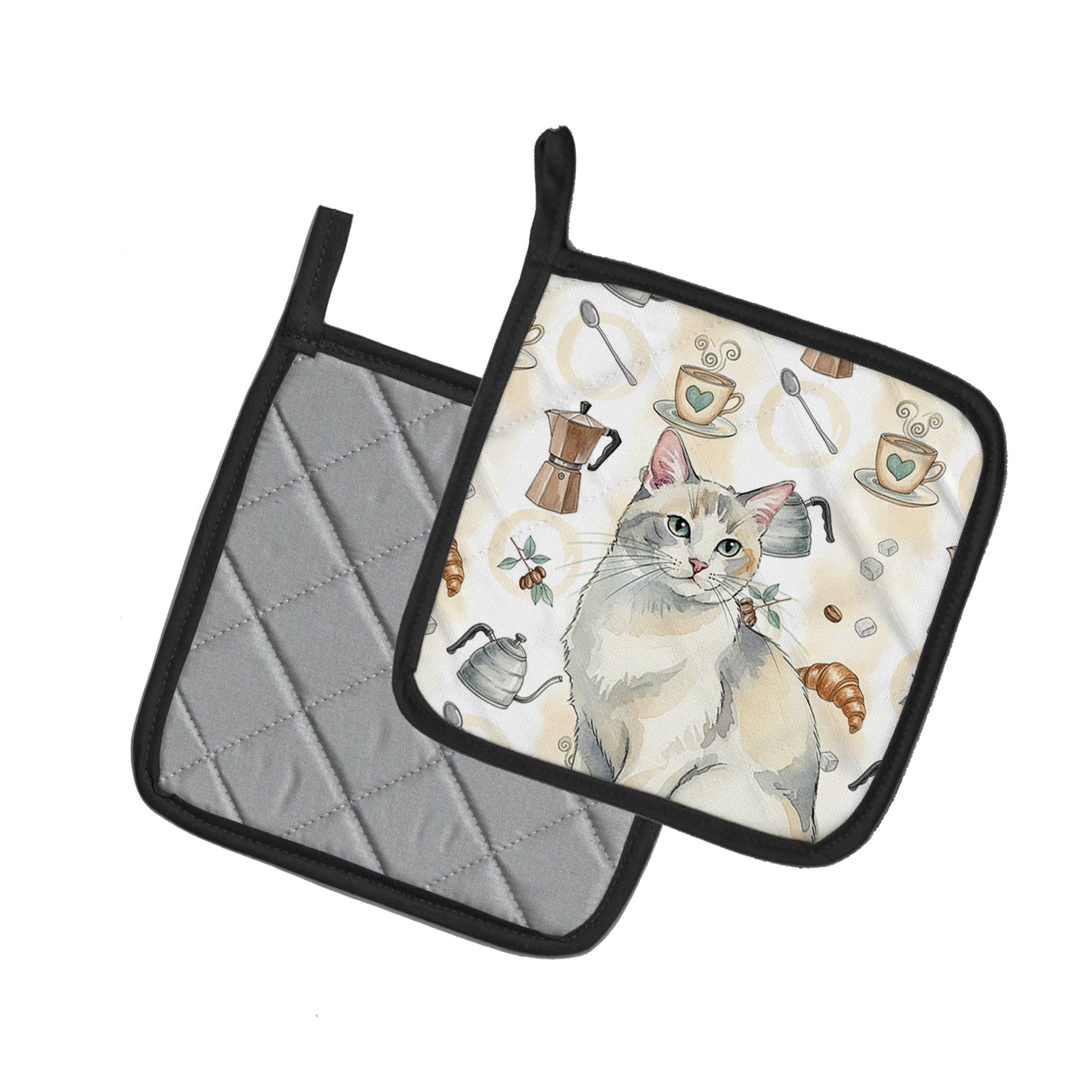 Dilute Calico Cat Coffee Time Pot Holder Set of 2 Heat Resistant Quilted Hot Pads 7.5 x 7.5 Inch, Insulated Kitchen Trivets for Cooking & Baking