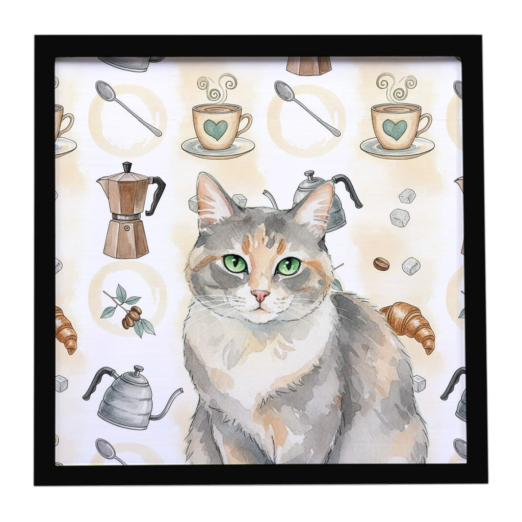 Dilute Tortoiseshell Cat Coffee Time Framed Metal Print Bathroom, Kitchen, Office, Home Decor Wall Art Ready to Hang, Square, 8X8