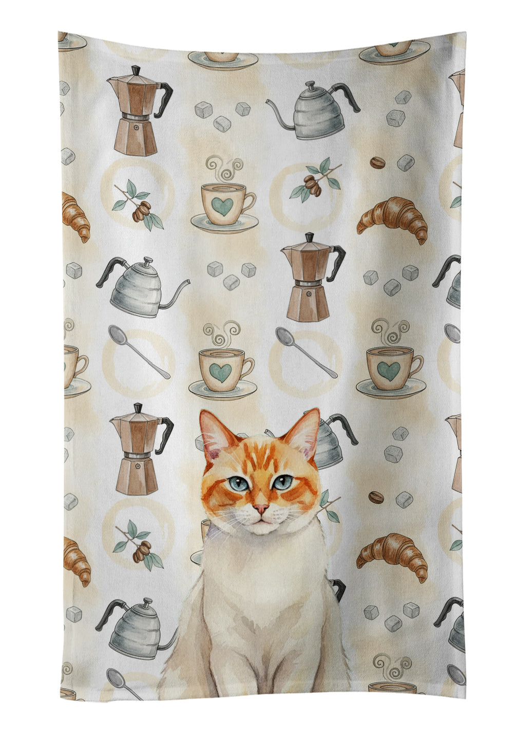 Flame Point Cat Coffee Time Kitchen Towel Velour Plush Front and Cotton Loop Back Machine Washable