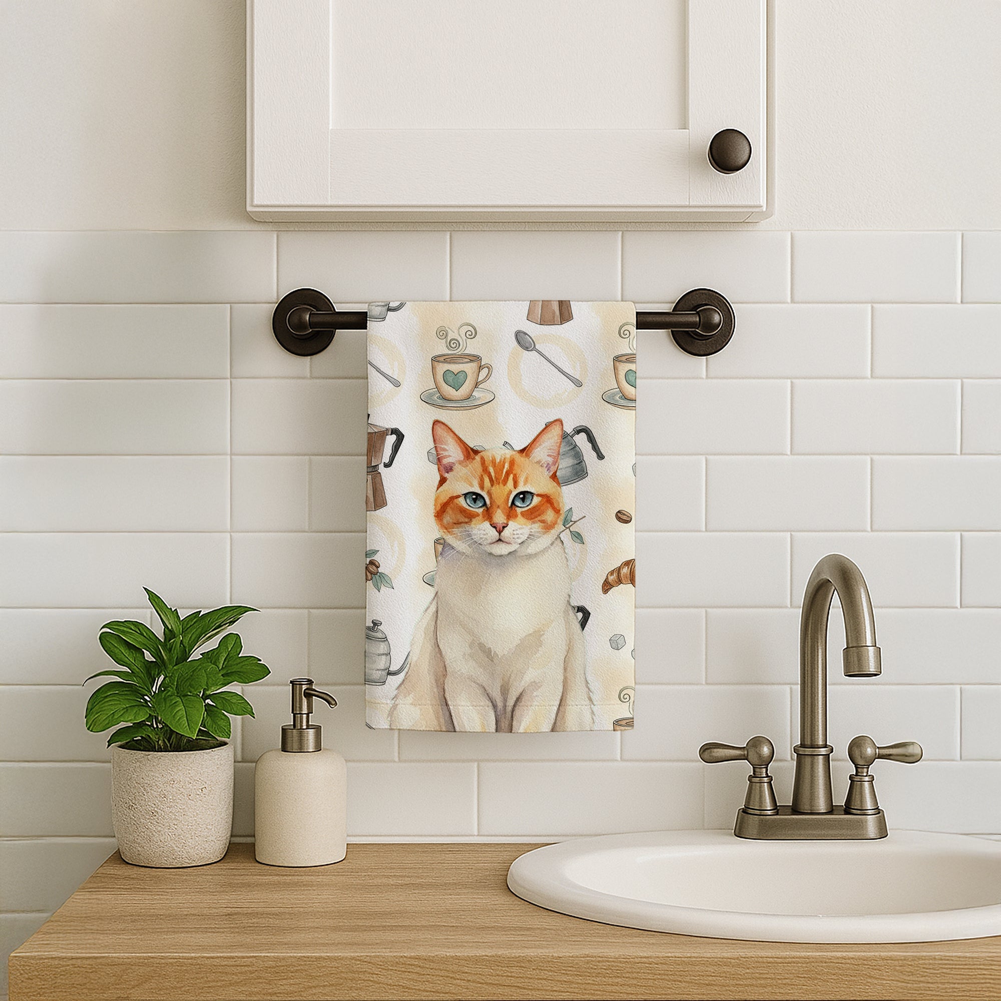 Flame Point Cat Coffee Time Kitchen Towel Velour Plush Front and Cotton Loop Back Machine Washable