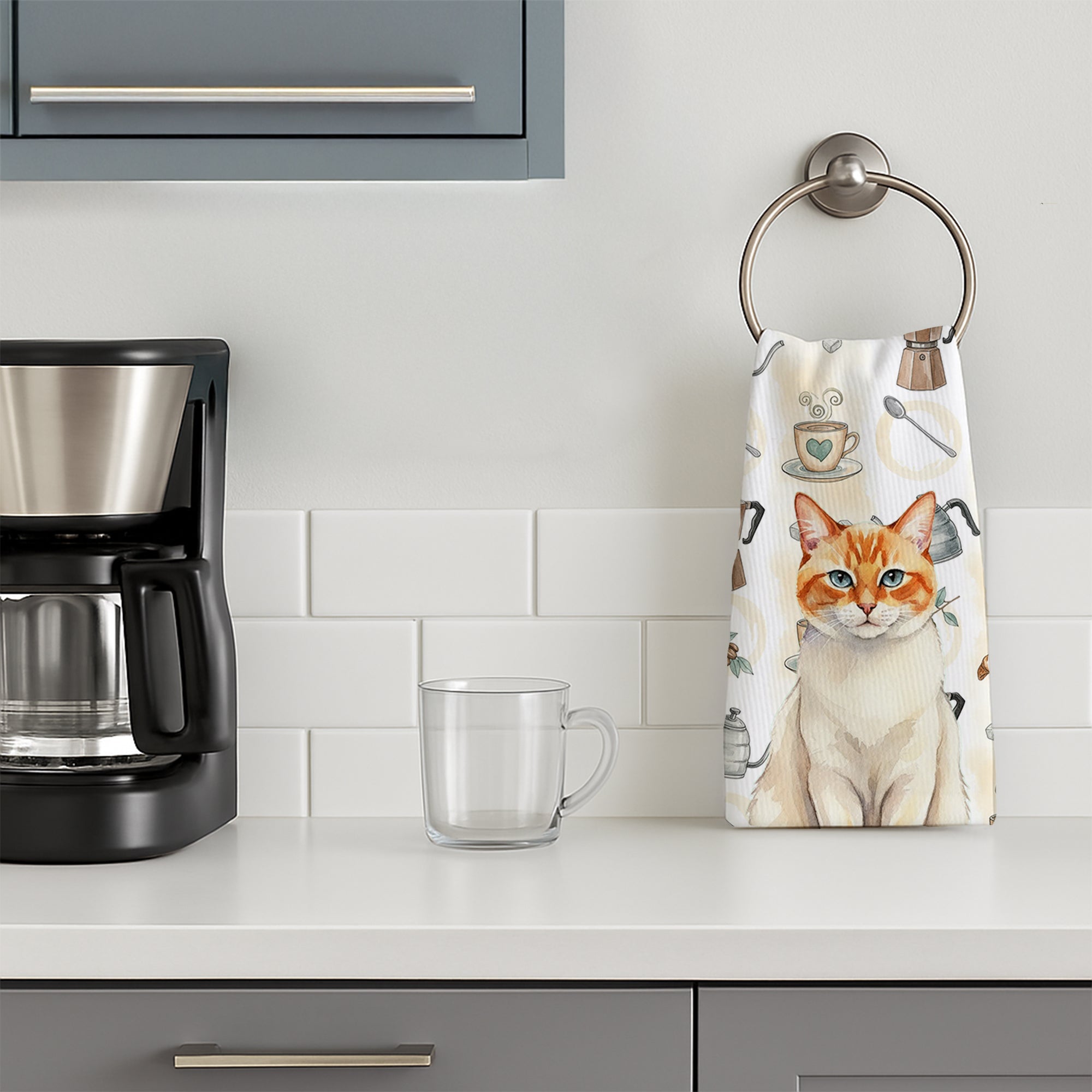 Flame Point Cat Coffee Time Kitchen Towel Velour Plush Front and Cotton Loop Back Machine Washable