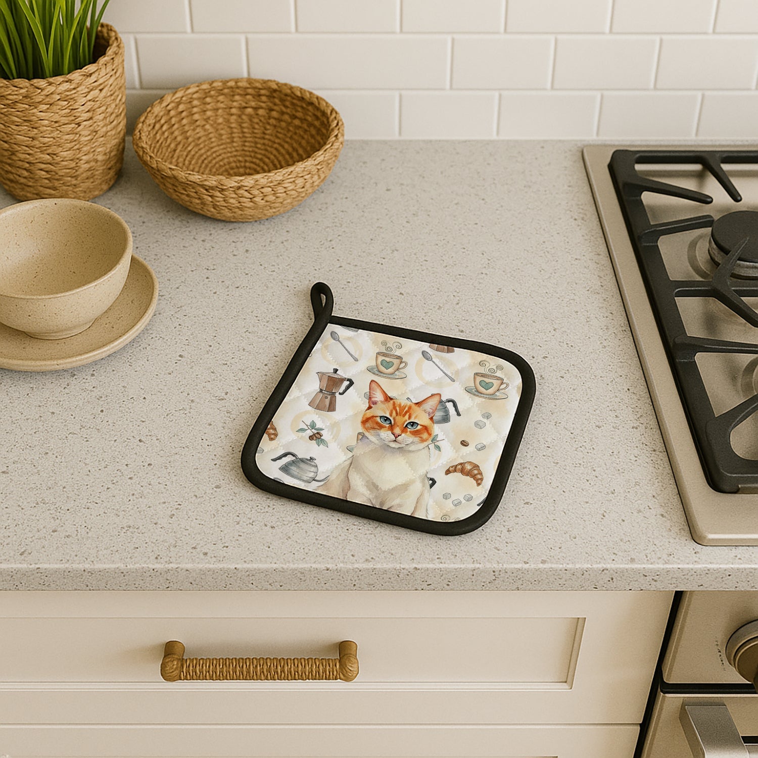 Flame Point Cat Coffee Time Pot Holder Set of 2 Heat Resistant Quilted Hot Pads 7.5 x 7.5 Inch, Insulated Kitchen Trivets for Cooking & Baking