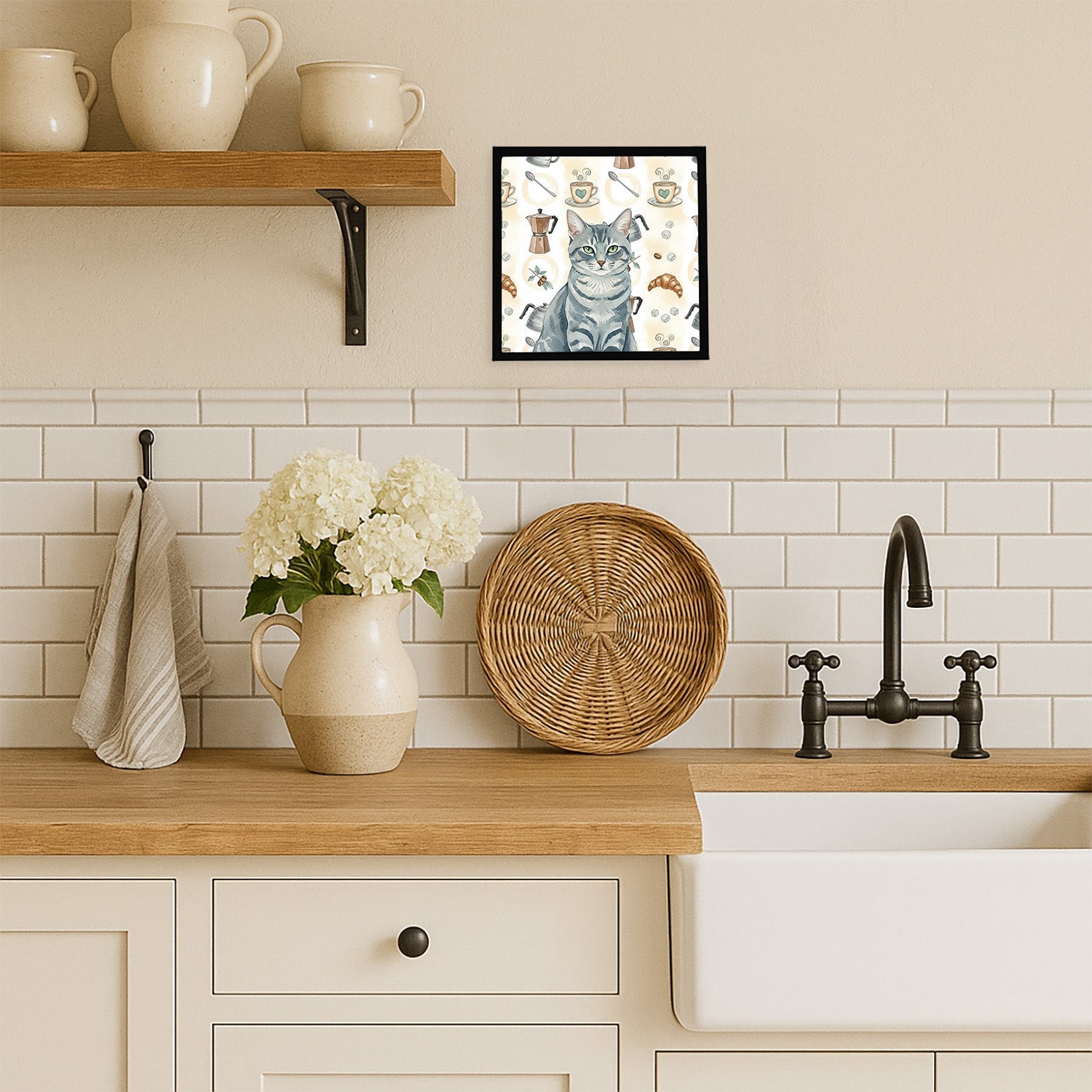 Gray Mackerel Tabby Cat Coffee Time Framed Metal Print Bathroom, Kitchen, Office, Home Decor Wall Art Ready to Hang, Square, 8X8