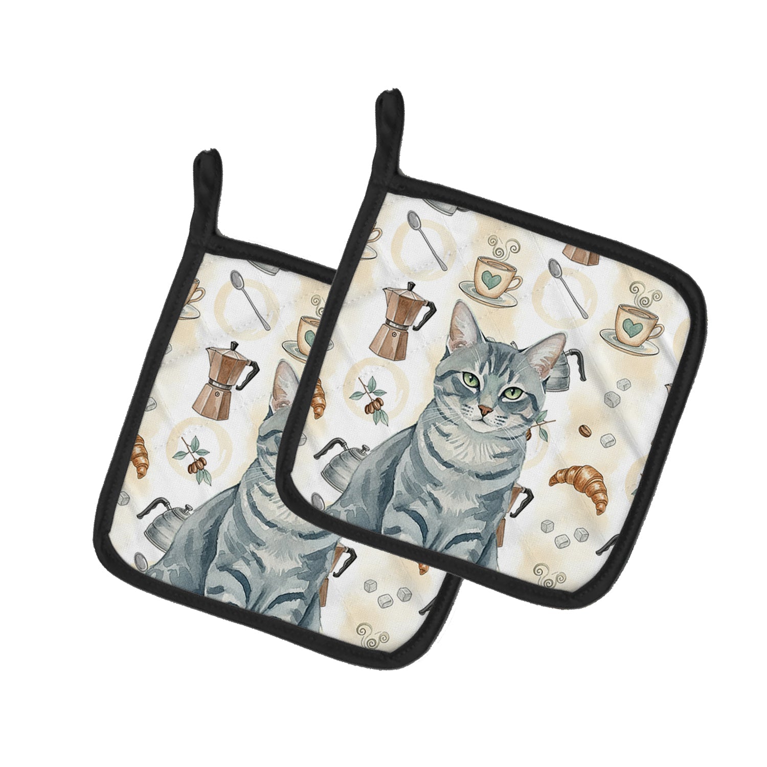 Gray Mackerel Tabby Cat Coffee Time Pot Holder Set of 2 Heat Resistant Quilted Hot Pads 7.5 x 7.5 Inch, Insulated Kitchen Trivets for Cooking & Baking