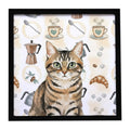 Mackerel Tabby Brown Cat Coffee Time Framed Metal Print Bathroom, Kitchen, Office, Home Decor Wall Art Ready to Hang, Square, 8X8