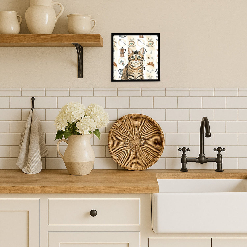 Mackerel Tabby Brown Cat Coffee Time Framed Metal Print Bathroom, Kitchen, Office, Home Decor Wall Art Ready to Hang, Square, 8X8