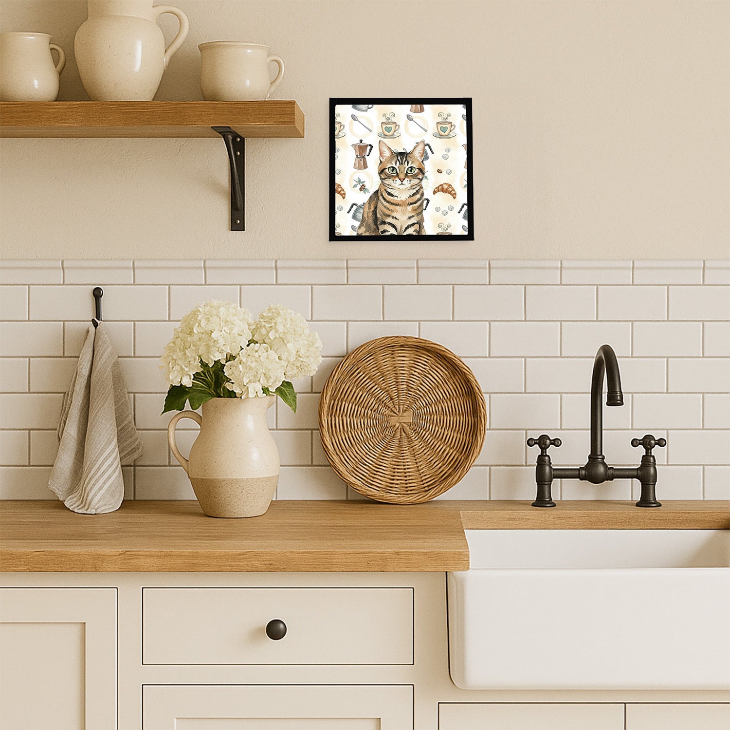 Mackerel Tabby Brown Cat Coffee Time Framed Metal Print Bathroom, Kitchen, Office, Home Decor Wall Art Ready to Hang, Square, 8X8
