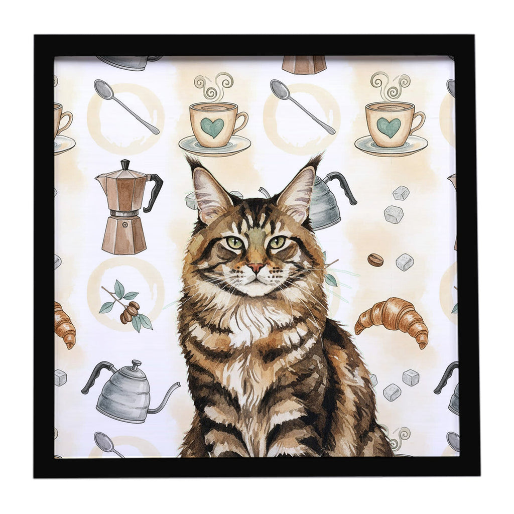 MaineCoon Brown Tabby Cat Coffee Time Framed Metal Print Bathroom, Kitchen, Office, Home Decor Wall Art Ready to Hang, Square, 8X8