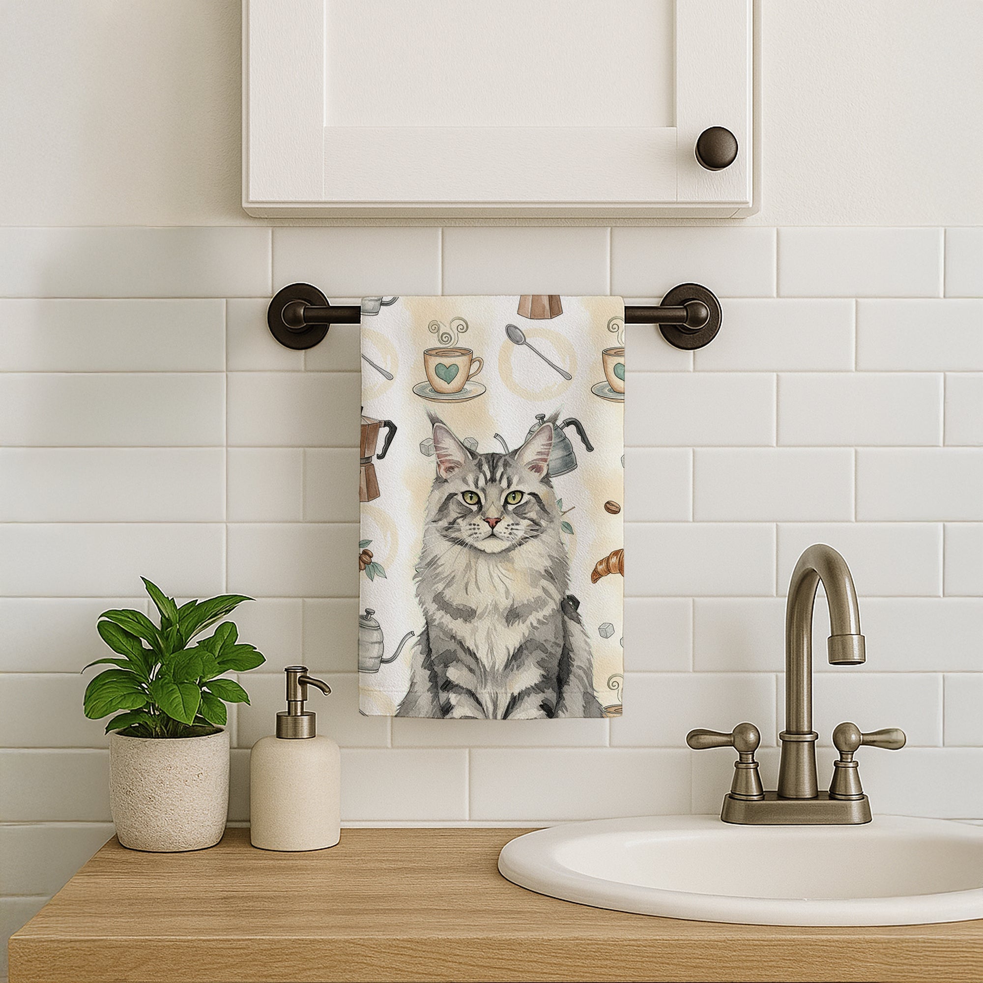 MaineCoon Silver Tabby Cat Coffee Time Kitchen Towel Velour Plush Front and Cotton Loop Back Machine Washable