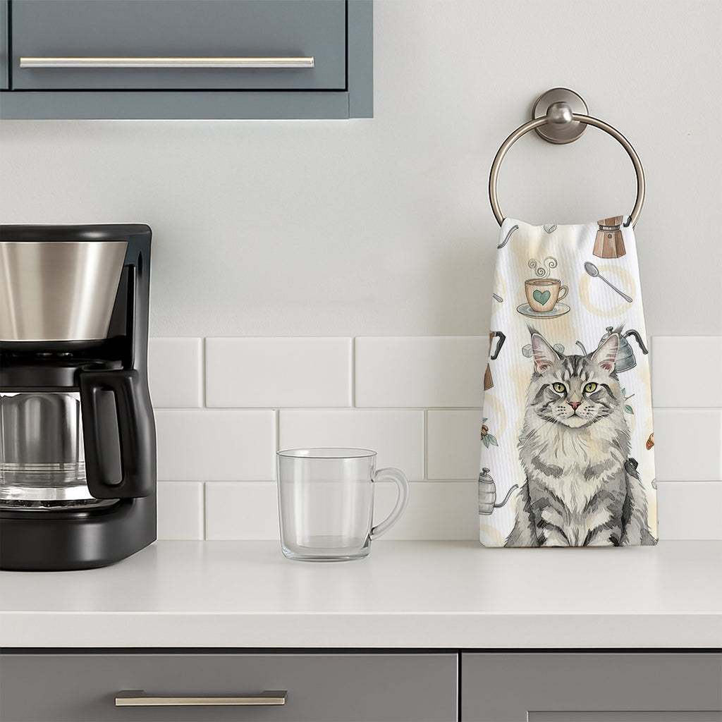 MaineCoon Silver Tabby Cat Coffee Time Kitchen Towel Velour Plush Front and Cotton Loop Back Machine Washable