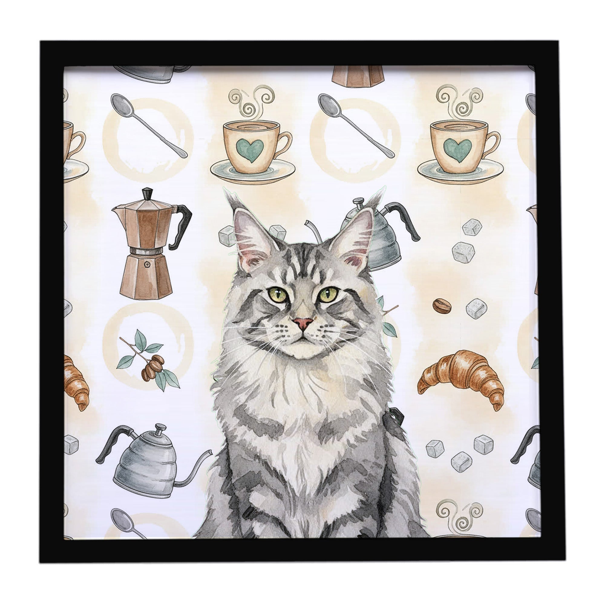 MaineCoon Silver Tabby Cat Coffee Time Framed Metal Print Bathroom, Kitchen, Office, Home Decor Wall Art Ready to Hang, Square, 8X8