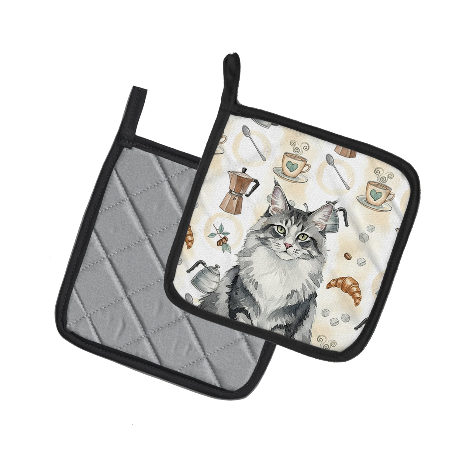 Norwegian Forest Cat Gray and White Cat Coffee Time Pot Holder Set of 2 Heat Resistant Quilted Hot Pads 7.5 x 7.5 Inch, Insulated Kitchen Trivets for Cooking & Baking