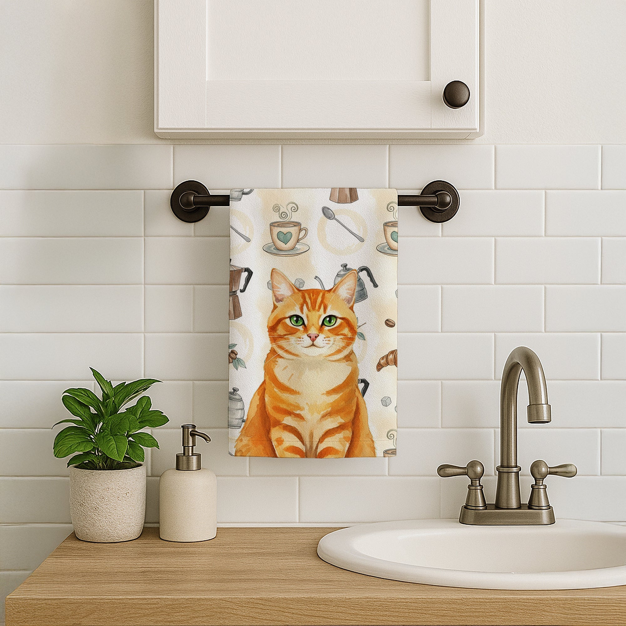 Orange Classic Tabby Cat Coffee Time Kitchen Towel Velour Plush Front and Cotton Loop Back Machine Washable