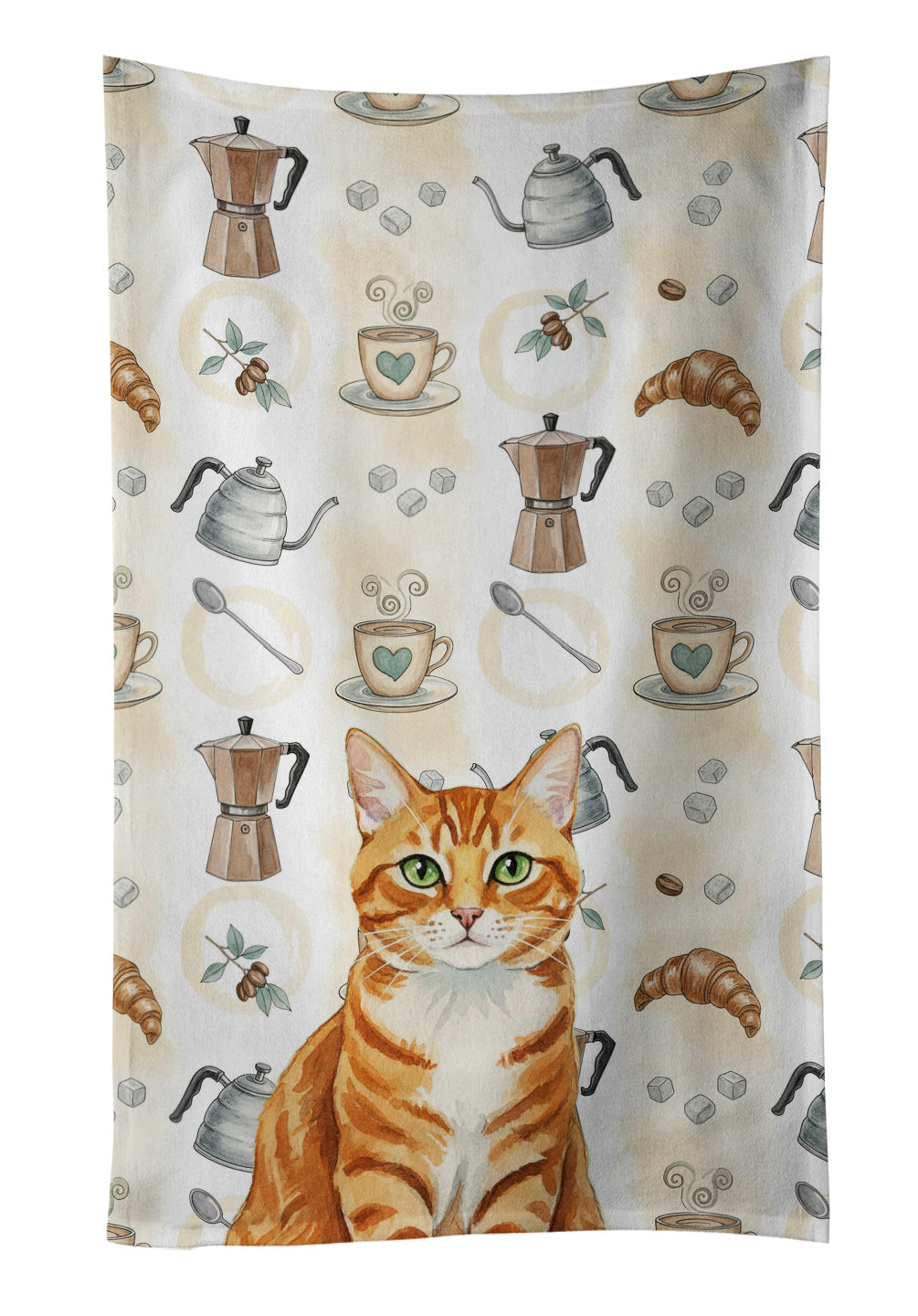 Orange Mackerel Tabby Cat Coffee Time Kitchen Towel Velour Plush Front and Cotton Loop Back Machine Washable