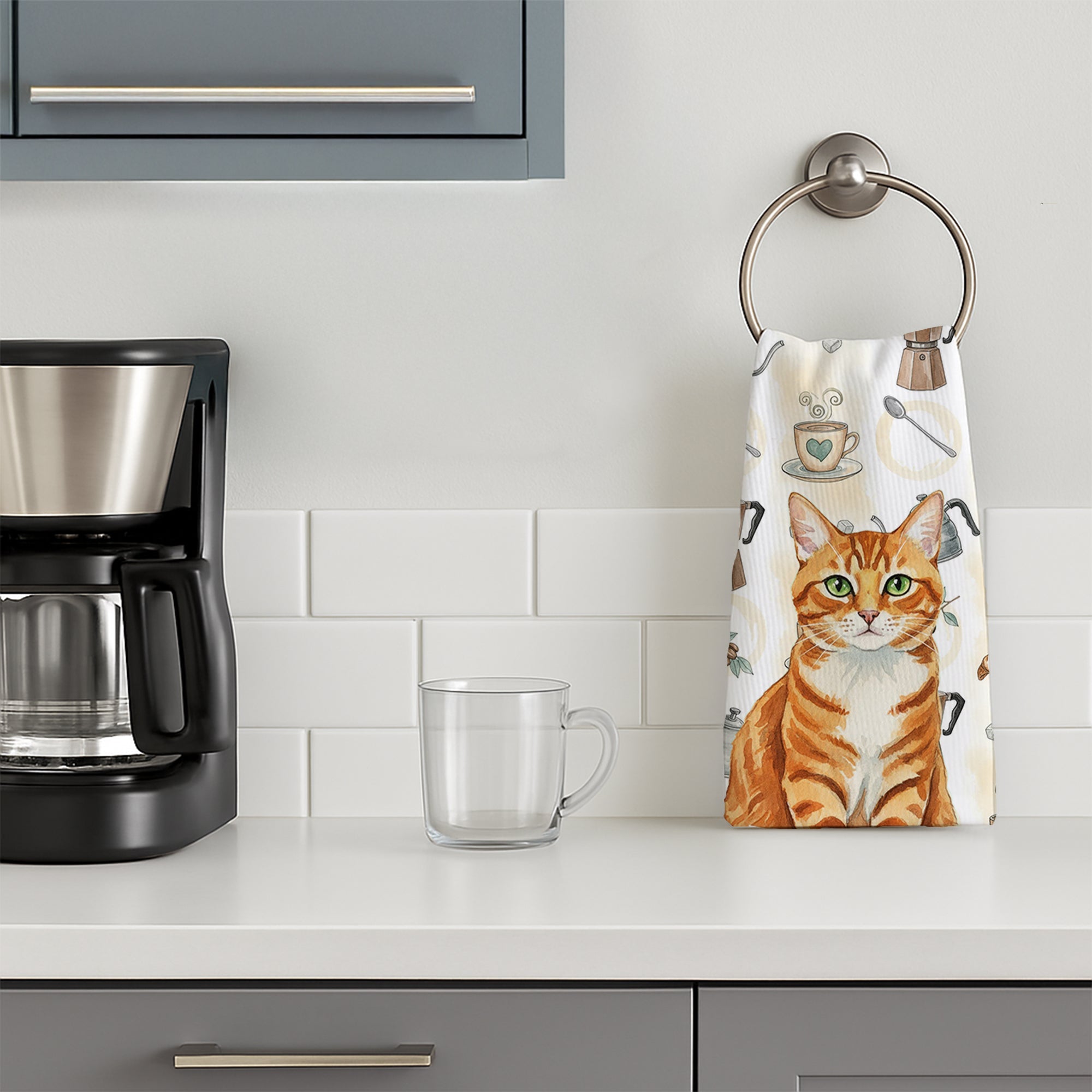 Orange Mackerel Tabby Cat Coffee Time Kitchen Towel Velour Plush Front and Cotton Loop Back Machine Washable