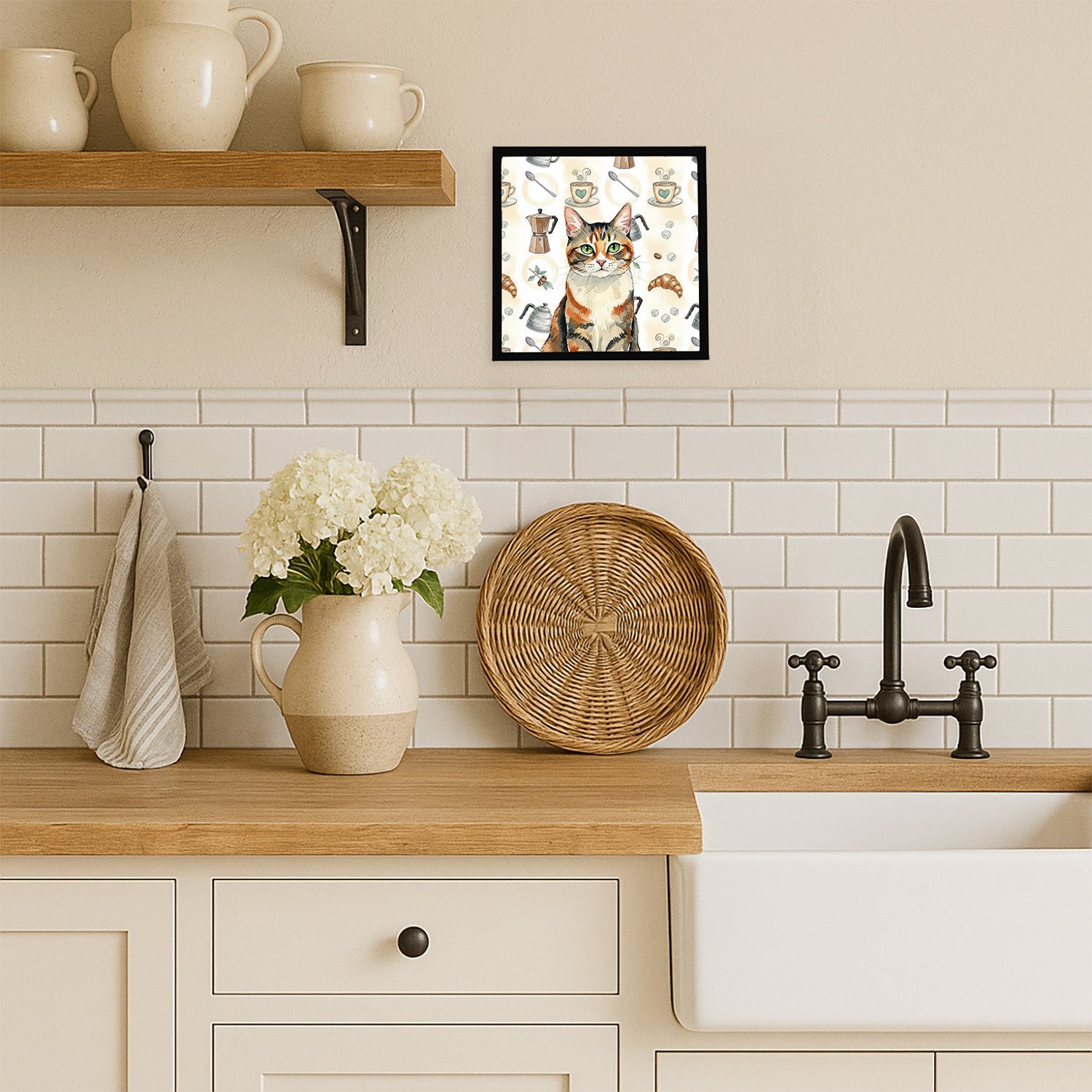 Patched Tabby Cat Coffee Time Framed Metal Print Bathroom, Kitchen, Office, Home Decor Wall Art Ready to Hang, Square, 8X8