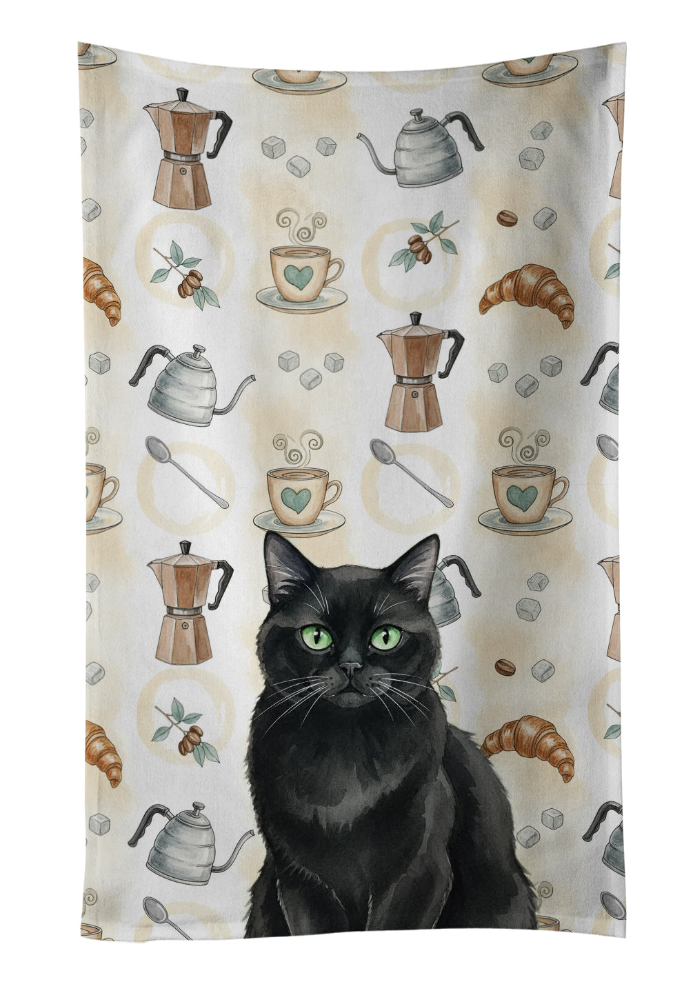 Persian Black Cat Coffee Time Kitchen Towel Velour Plush Front and Cotton Loop Back Machine Washable