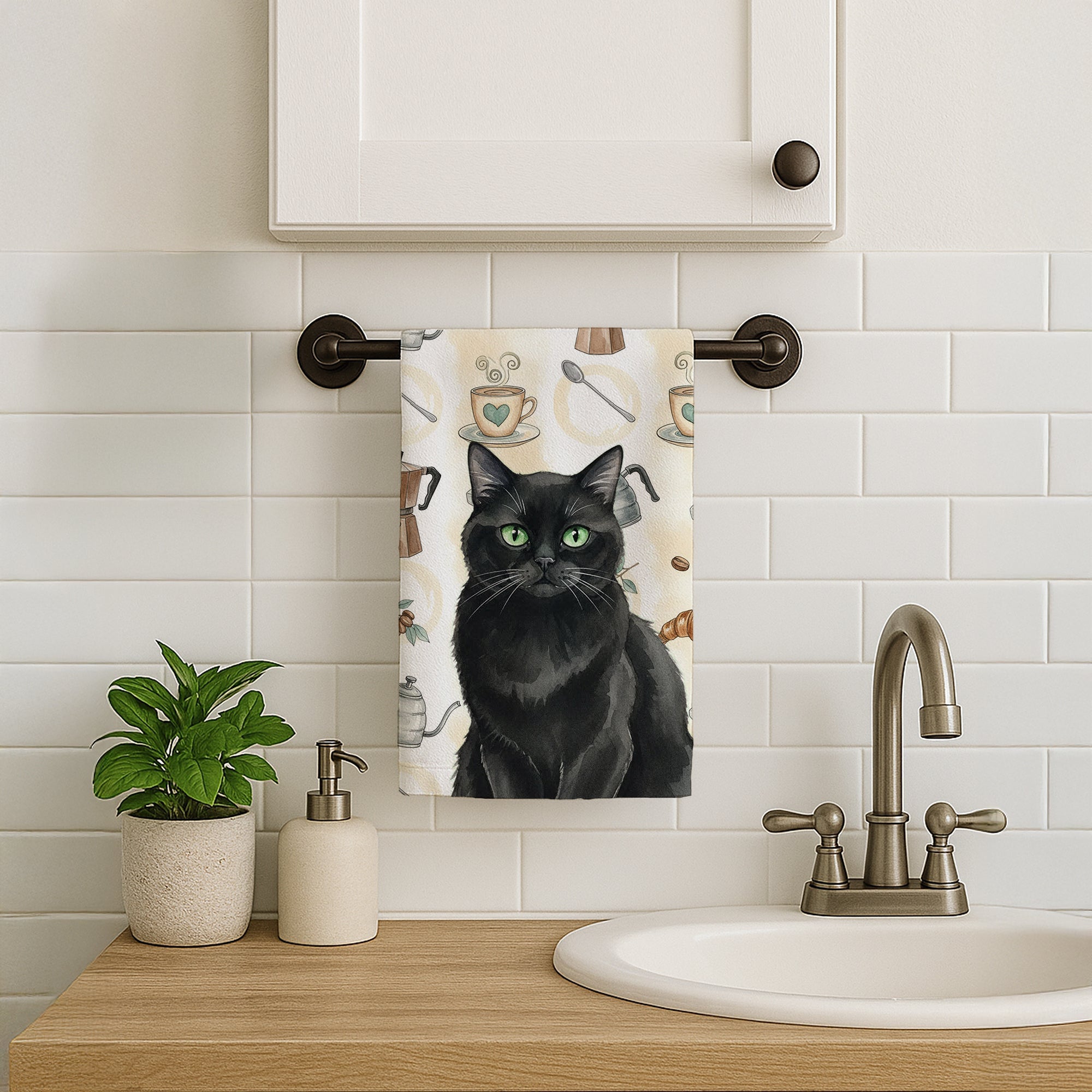 Persian Black Cat Coffee Time Kitchen Towel Velour Plush Front and Cotton Loop Back Machine Washable