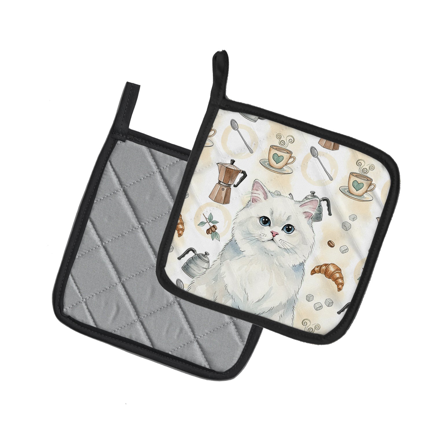 Persian White Cat Coffee Time Pot Holder Set of 2 Heat Resistant Quilted Hot Pads 7.5 x 7.5 Inch, Insulated Kitchen Trivets for Cooking & Baking