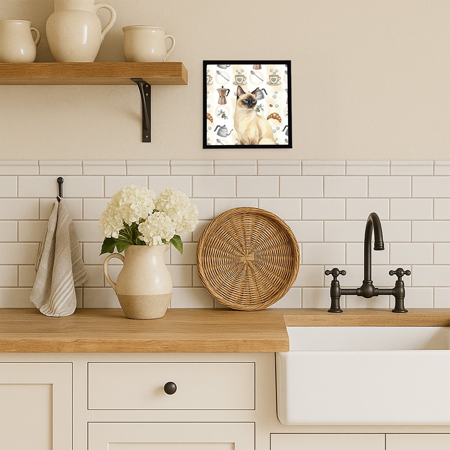 Seal Point Cat Coffee Time Framed Metal Print Bathroom, Kitchen, Office, Home Decor Wall Art Ready to Hang, Square, 8X8