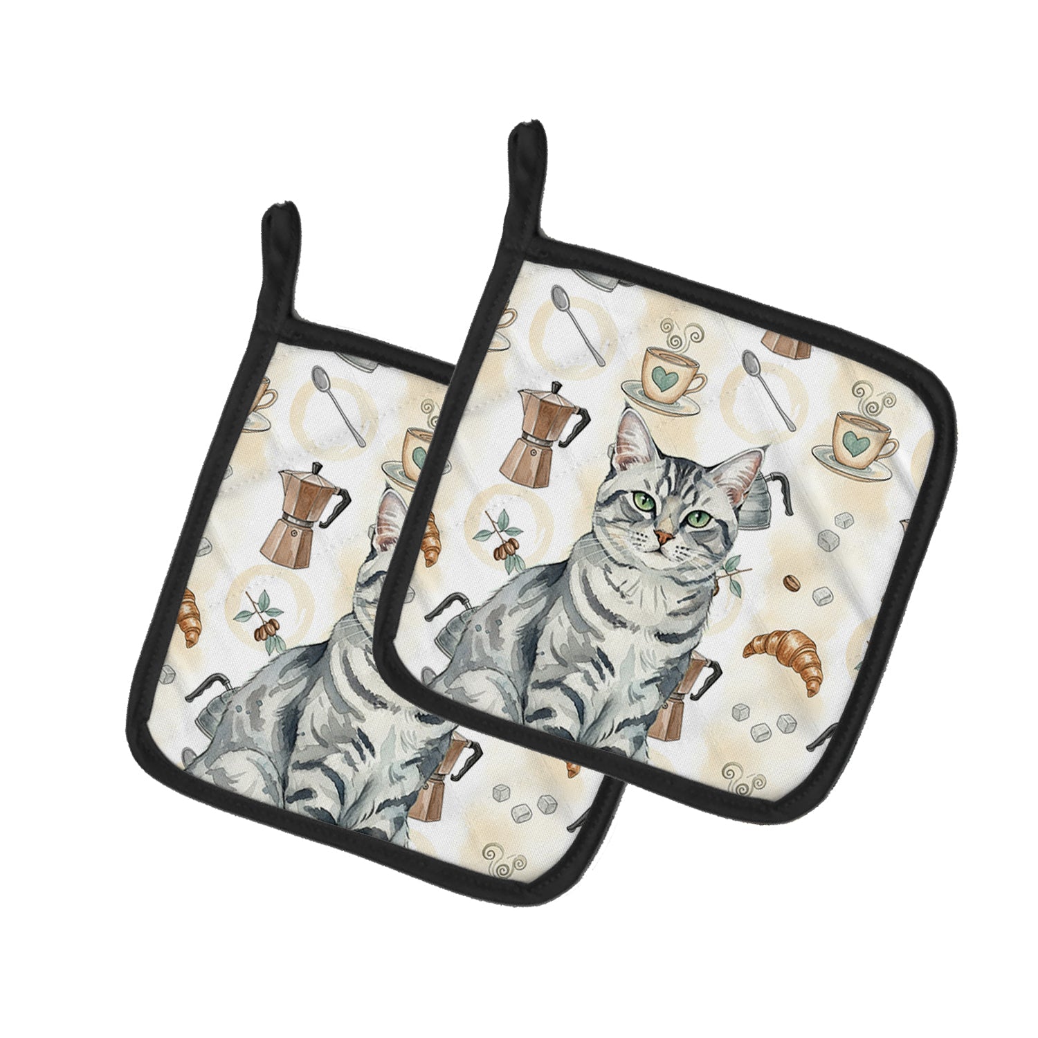 Silver Classic Tabby Cat Coffee Time Pot Holder Set of 2 Heat Resistant Quilted Hot Pads 7.5 x 7.5 Inch, Insulated Kitchen Trivets for Cooking & Baking