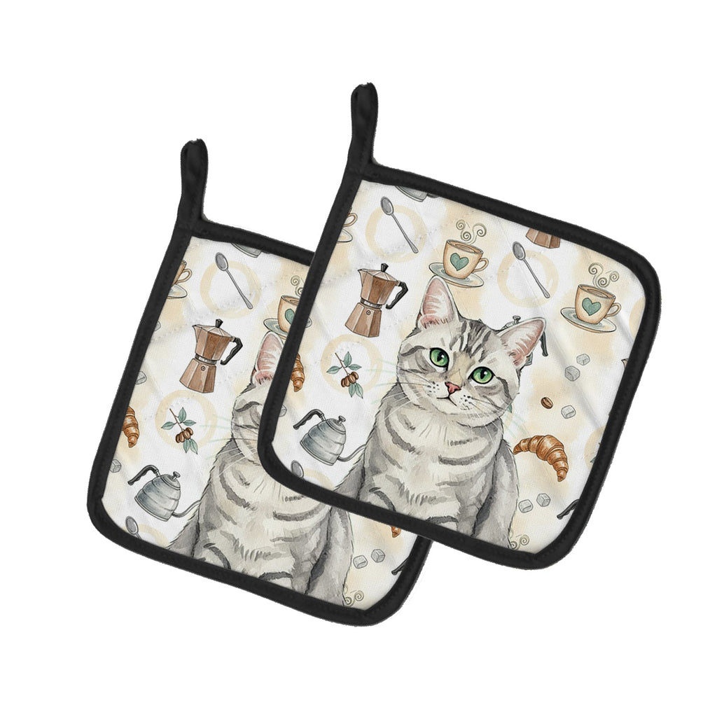 Silver Mackerel Tabby Cat Coffee Time Pot Holder Set of 2 Heat Resistant Quilted Hot Pads 7.5 x 7.5 Inch, Insulated Kitchen Trivets for Cooking & Baking