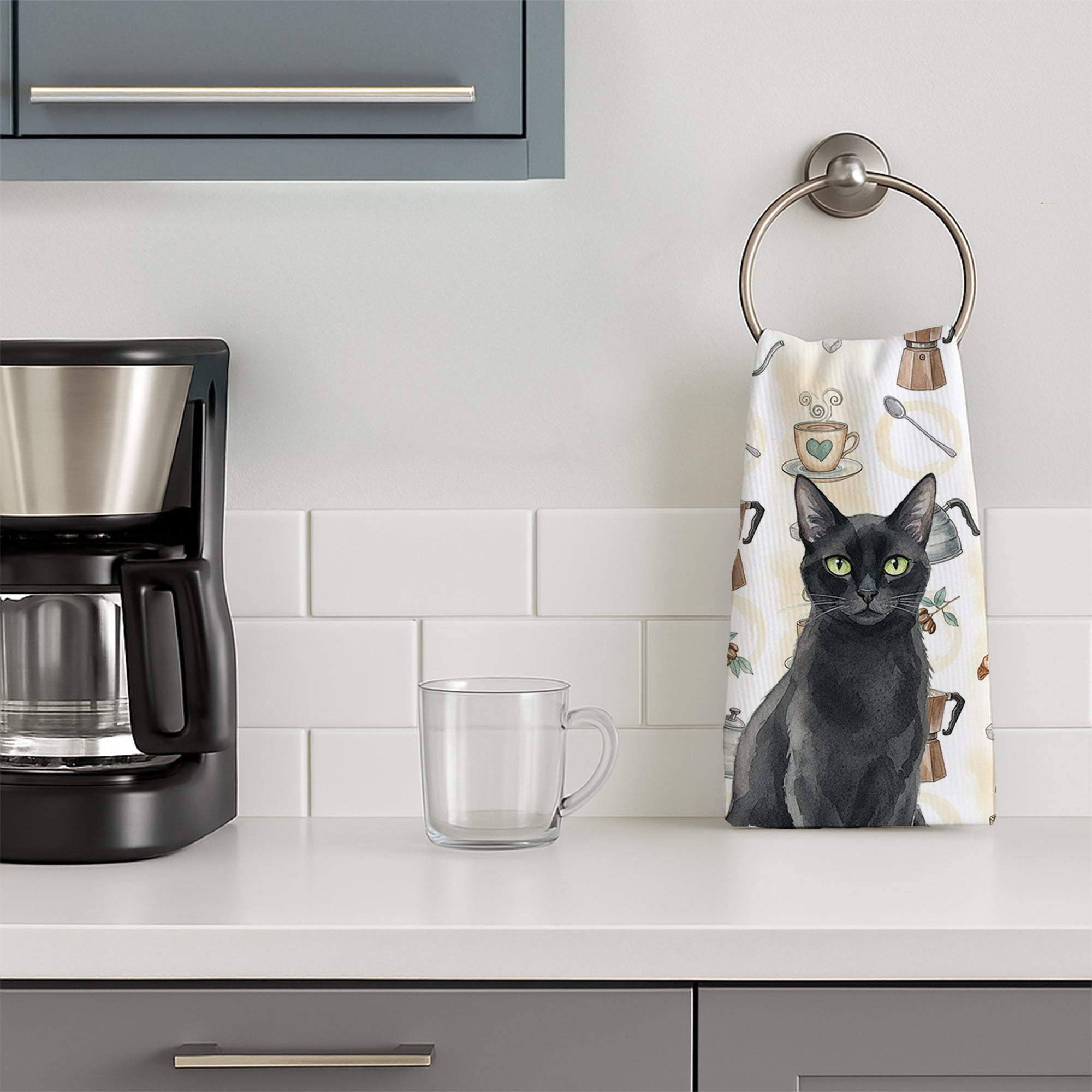 Solid Black Cat Coffee Time Kitchen Towel Velour Plush Front and Cotton Loop Back Machine Washable