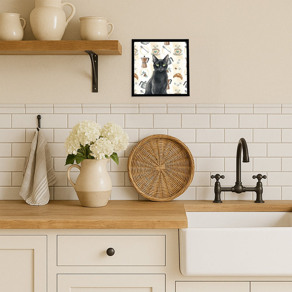 Solid Black Cat Coffee Time Framed Metal Print Bathroom, Kitchen, Office, Home Decor Wall Art Ready to Hang, Square, 8X8