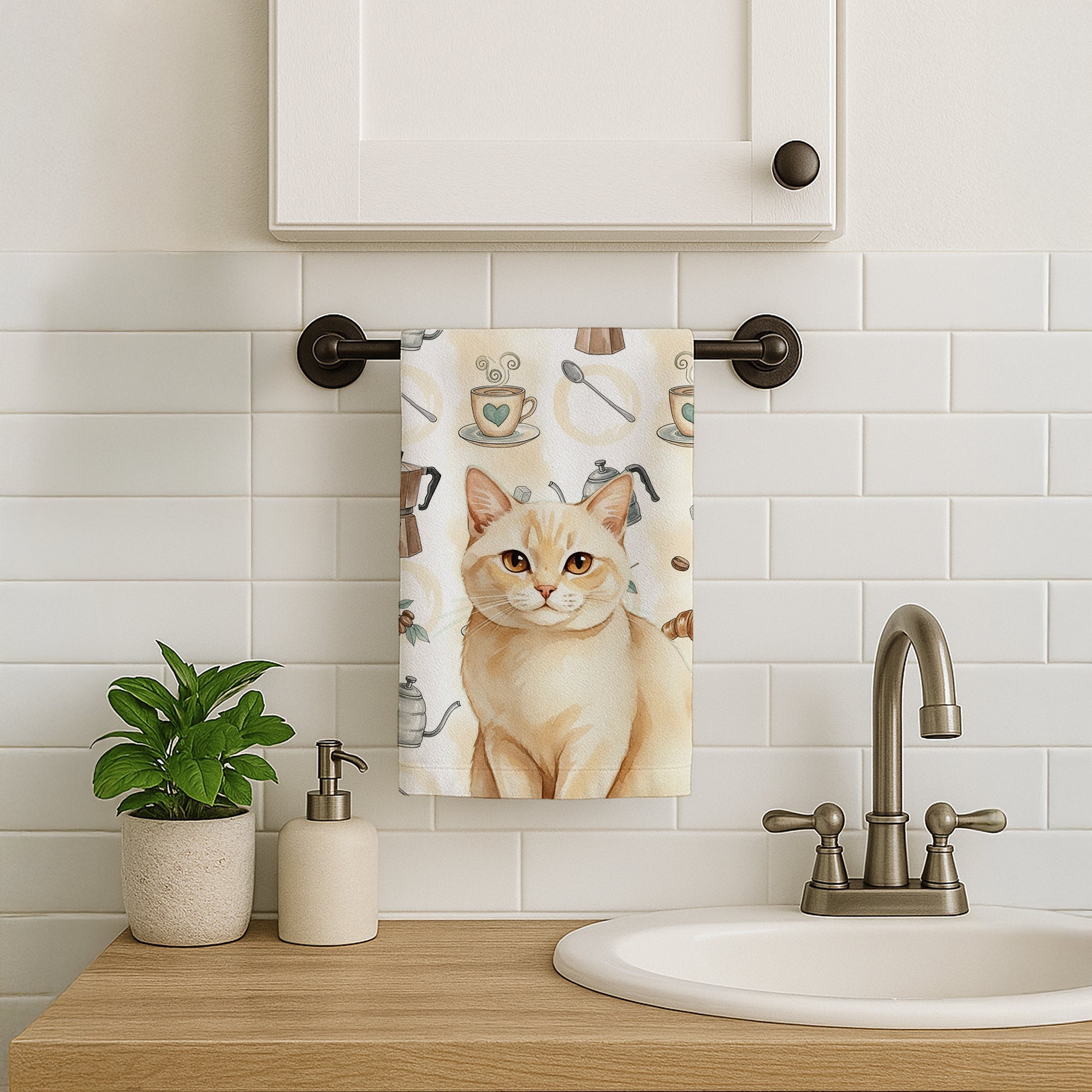 Solid Cream Cat Coffee Time Kitchen Towel Velour Plush Front and Cotton Loop Back Machine Washable