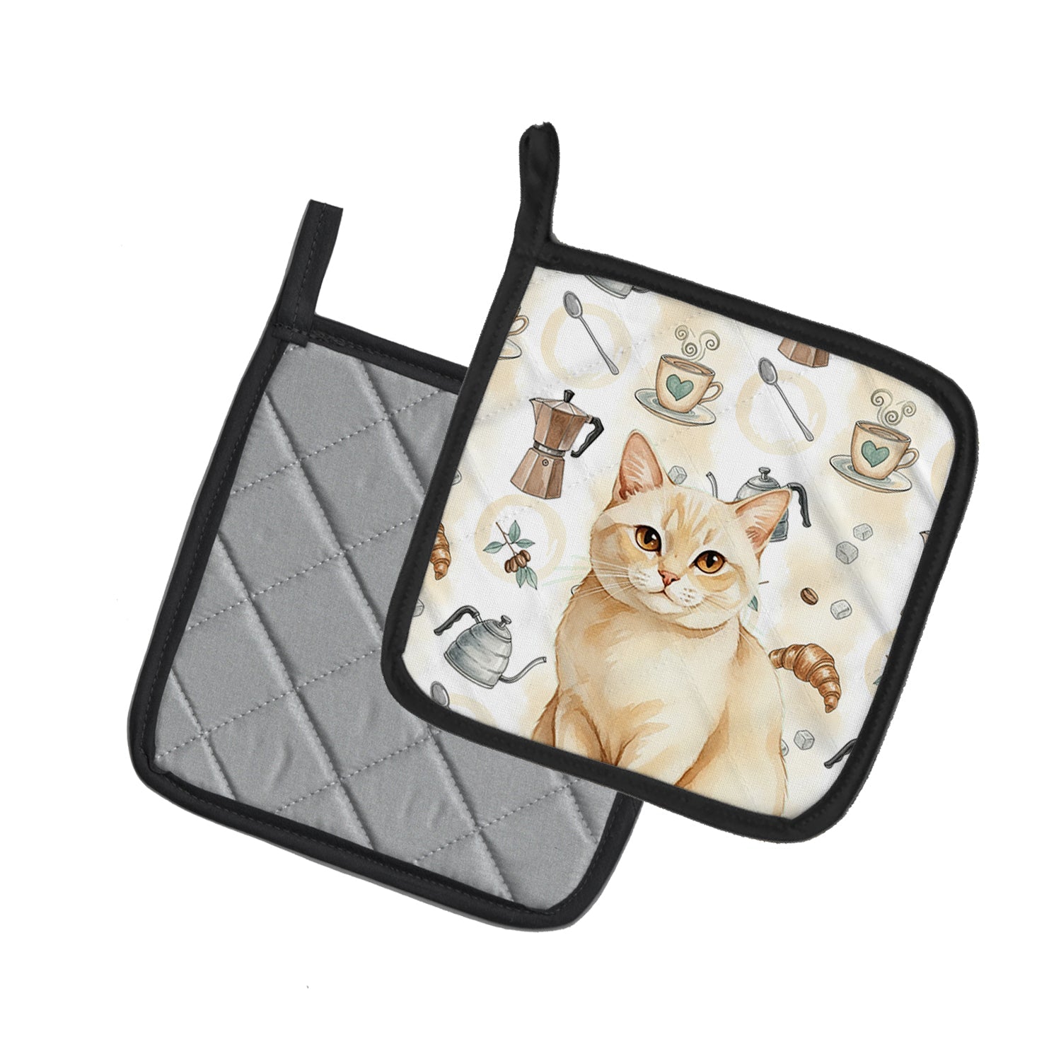 Solid Cream Cat Coffee Time Pot Holder Set of 2 Heat Resistant Quilted Hot Pads 7.5 x 7.5 Inch, Insulated Kitchen Trivets for Cooking & Baking