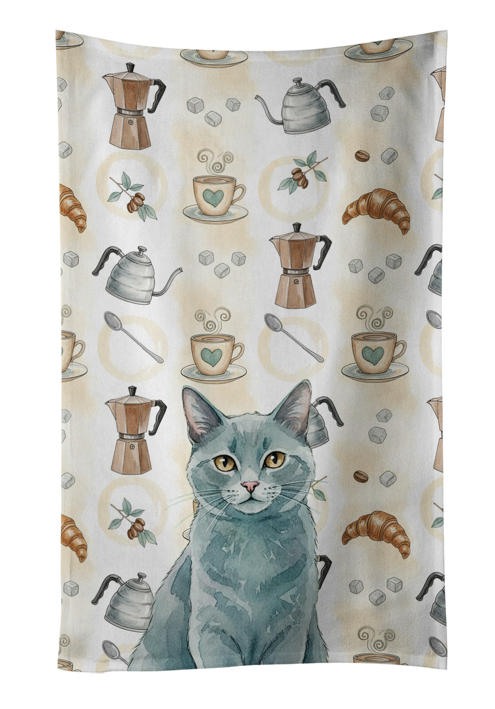 Solid Gray Cat Coffee Time Kitchen Towel Velour Plush Front and Cotton Loop Back Machine Washable