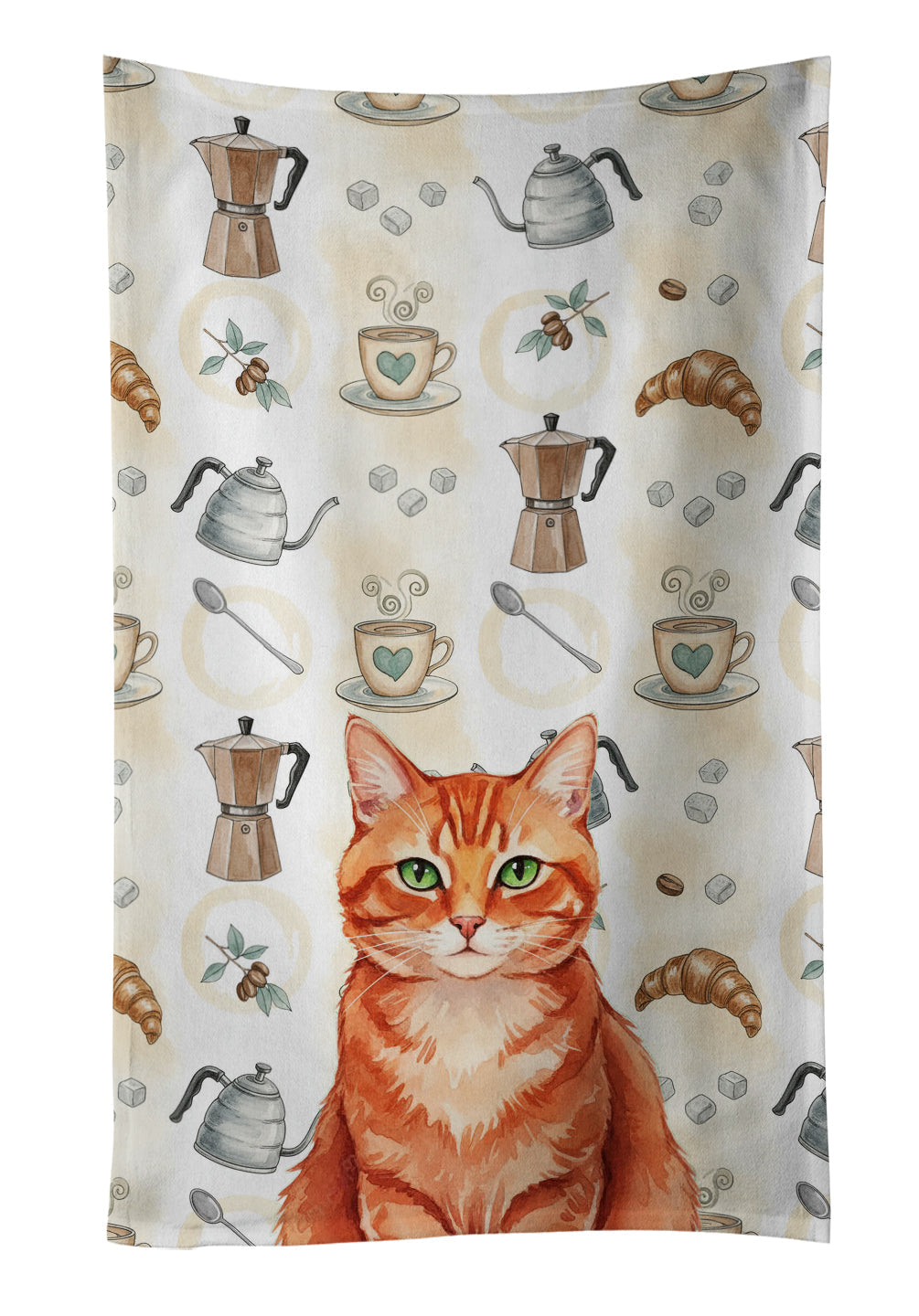 Solid Red Ginger Cat Coffee Time Kitchen Towel Velour Plush Front and Cotton Loop Back Machine Washable