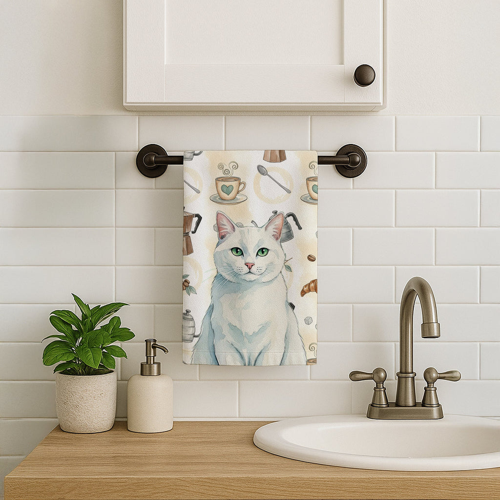 Solid White Cat Coffee Time Kitchen Towel Velour Plush Front and Cotton Loop Back Machine Washable