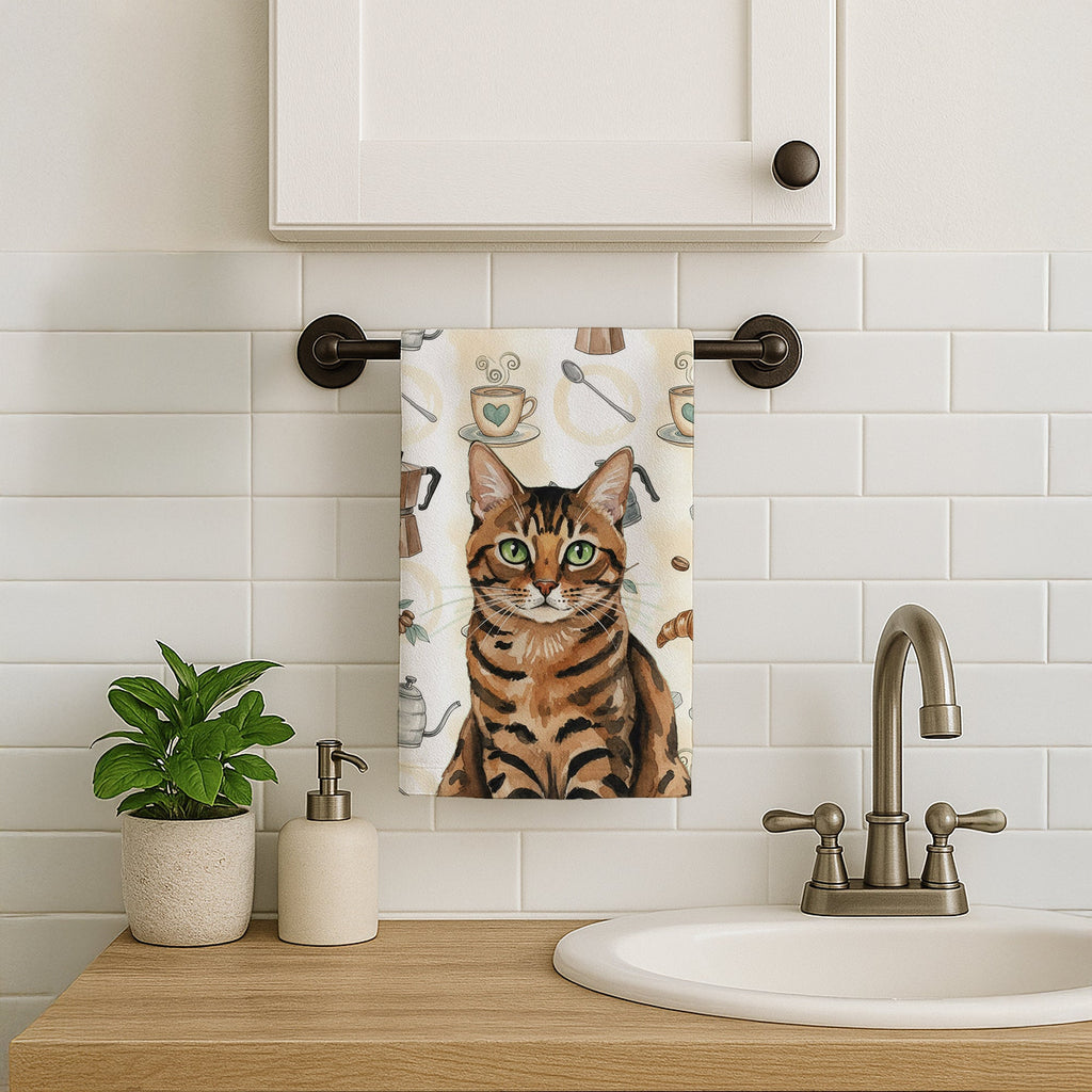 Spotted Tabby Brown Cat Coffee Time Kitchen Towel Velour Plush Front and Cotton Loop Back Machine Washable