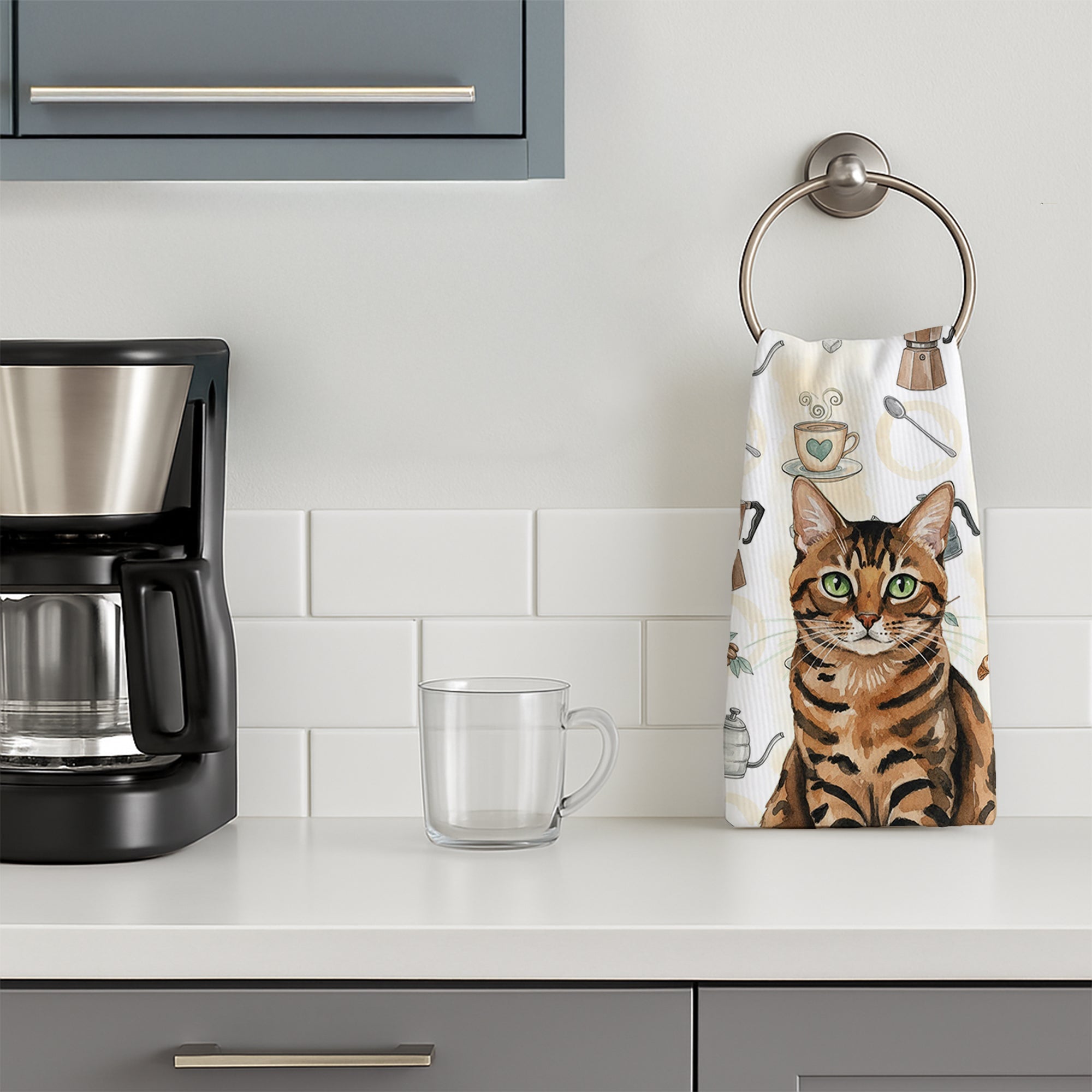 Spotted Tabby Brown Cat Coffee Time Kitchen Towel Velour Plush Front and Cotton Loop Back Machine Washable