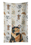 Tortoiseshell Cat Coffee Time Kitchen Towel Velour Plush Front and Cotton Loop Back Machine Washable
