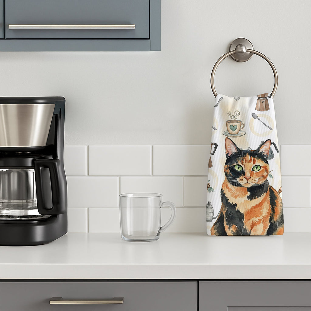Tortoiseshell Cat Coffee Time Kitchen Towel Velour Plush Front and Cotton Loop Back Machine Washable