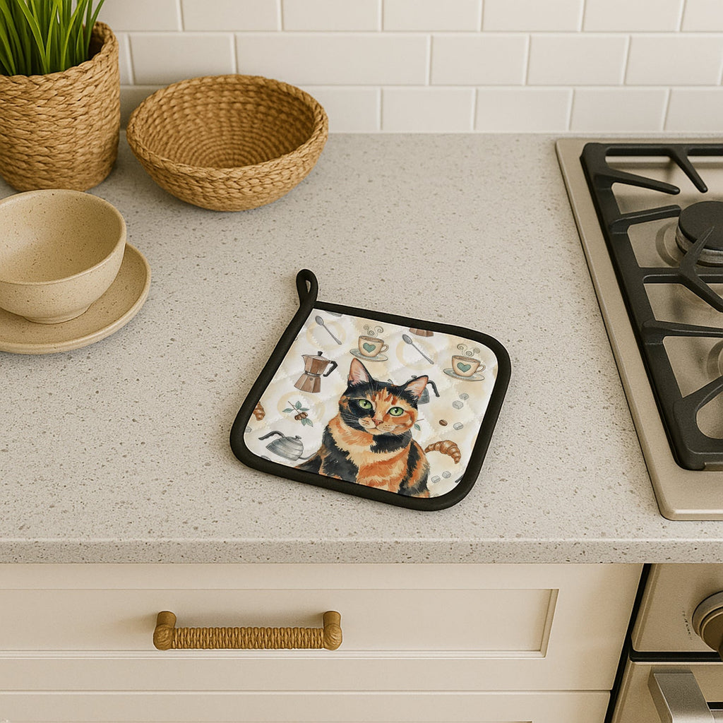 Tortoiseshell Cat Coffee Time Pot Holder Set of 2 Heat Resistant Quilted Hot Pads 7.5 x 7.5 Inch, Insulated Kitchen Trivets for Cooking & Baking