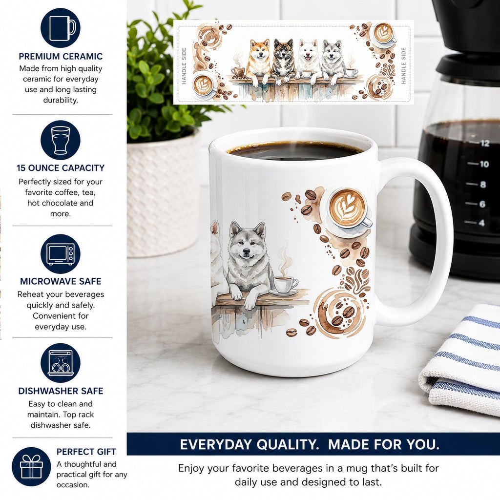 Akitas Morning Coffee Ceramic Coffee Mug 15 oz Decorative Large C Handle Mug Cup for Tea, Cocoa Hot Chocolate